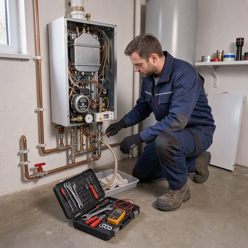 Plumber kneeling to service a wall-hung boiler