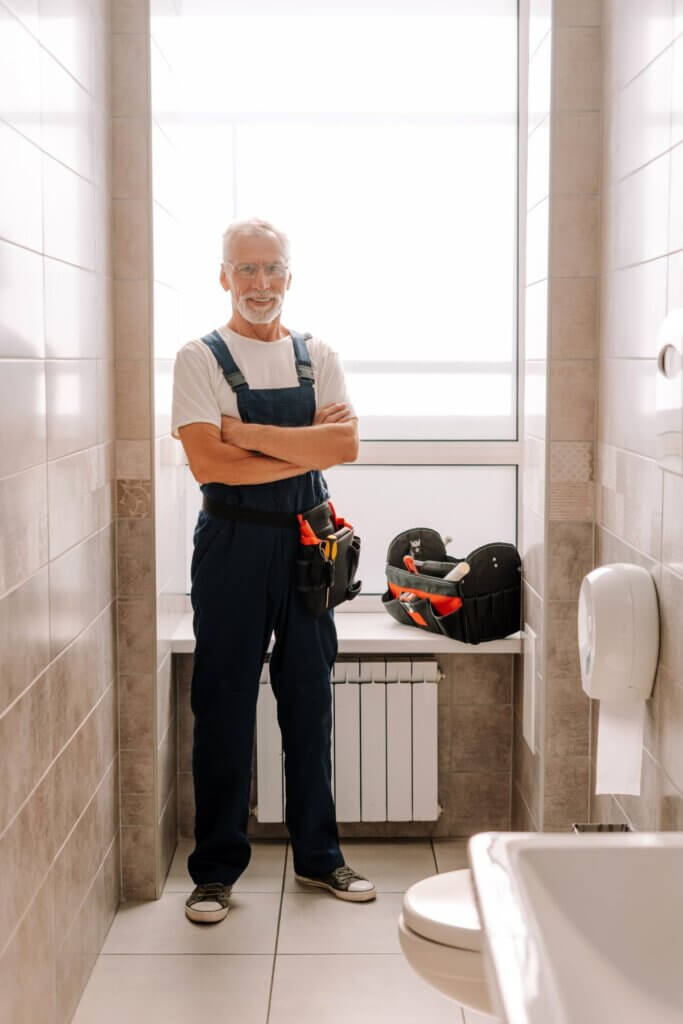 Plumber in work overalls, arms crossed, in a finished bathroom