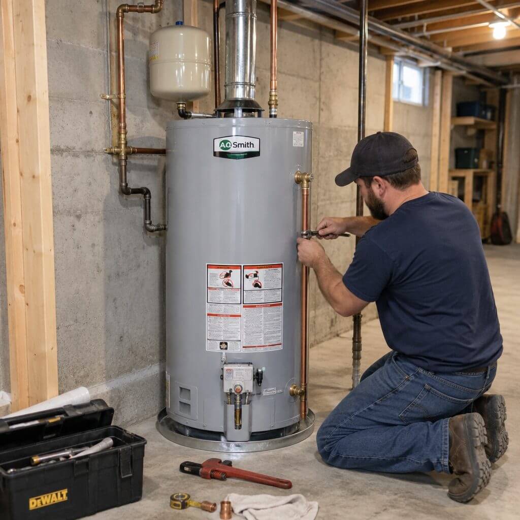 Plumber connecting the supply line to a new water heater in a basement